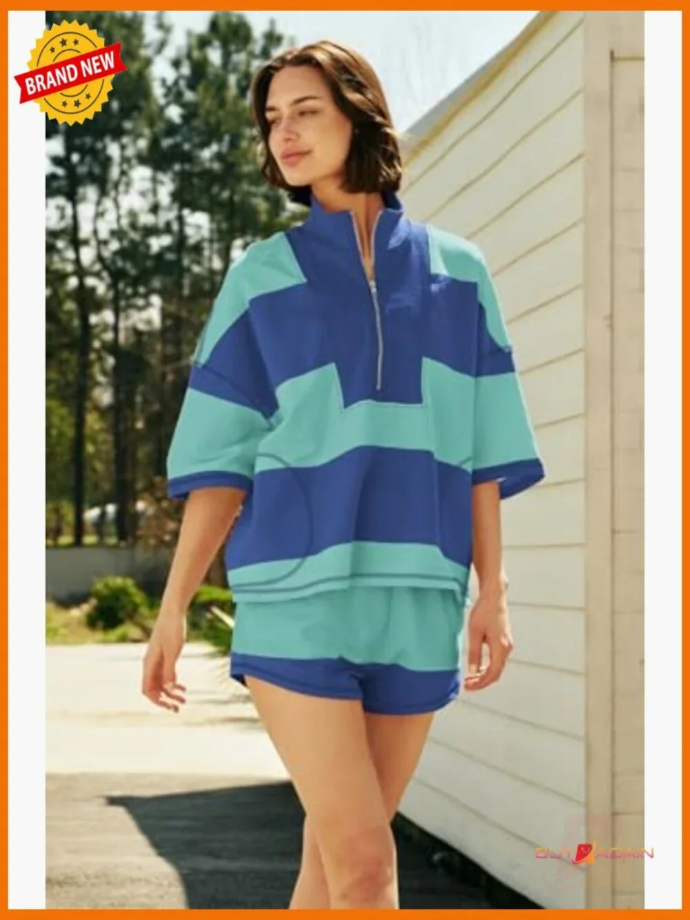 Womens 2 Piece Striped Workout Sets Matching Lounge Top and Shorts with Pockets